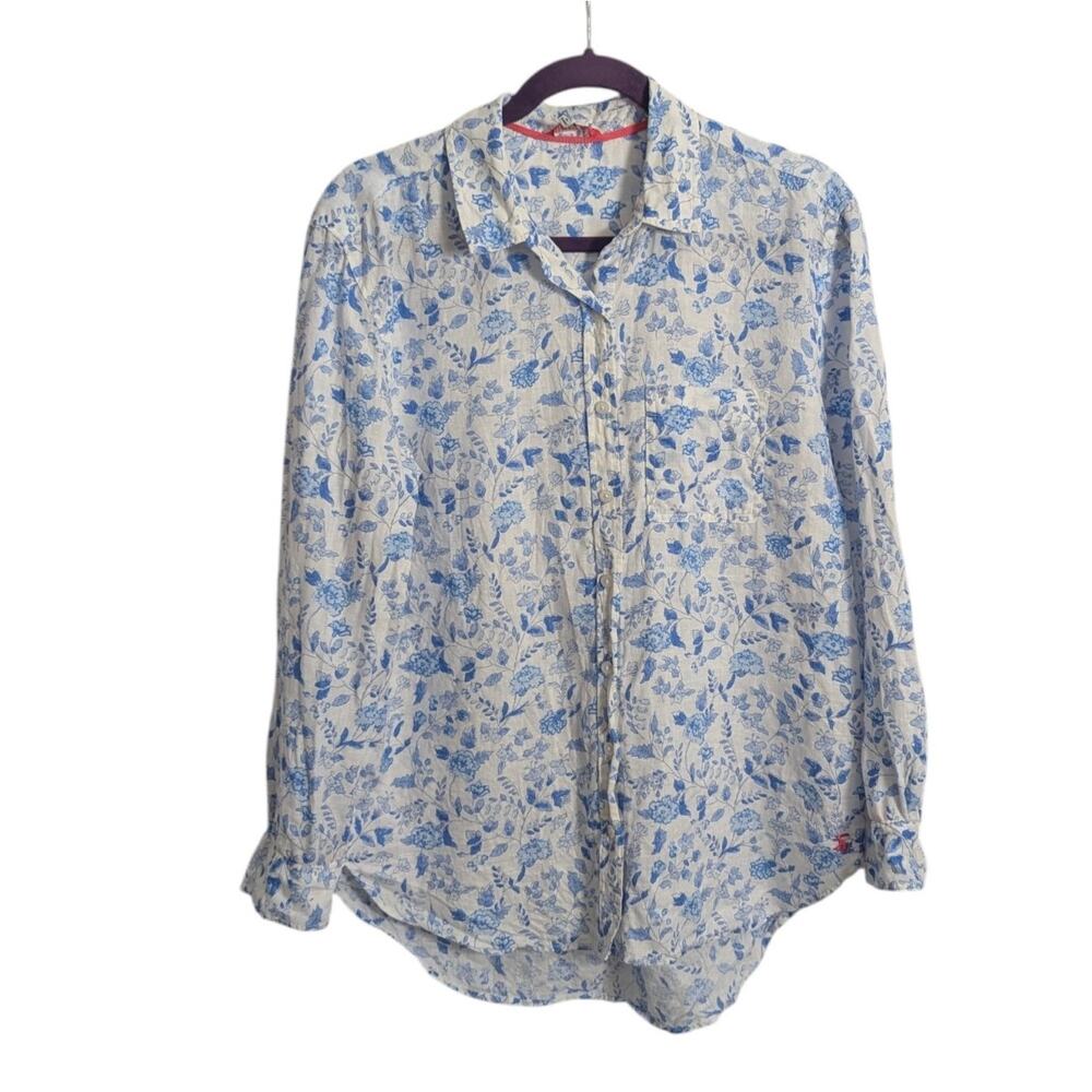 Joules White & Blue Jeanne Floral Linen Long Sleeve Top Size 6 - Picture 2 of 7
